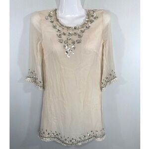 French Connection Silk Sequin Embellished Tunic Top Cream Size 2 Boho Fairy core